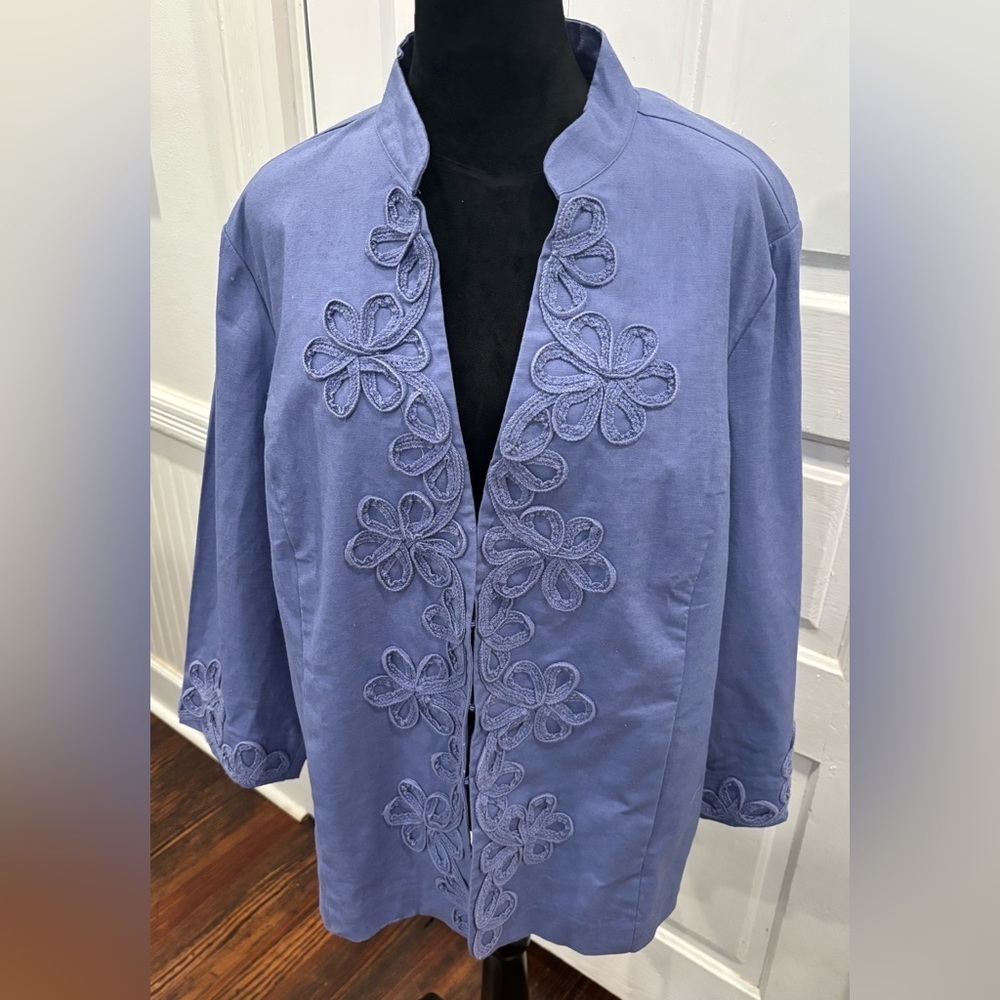 Susan Graver Lavender Embroidered Floral Linen Blend Jacket Women’s Size Xl